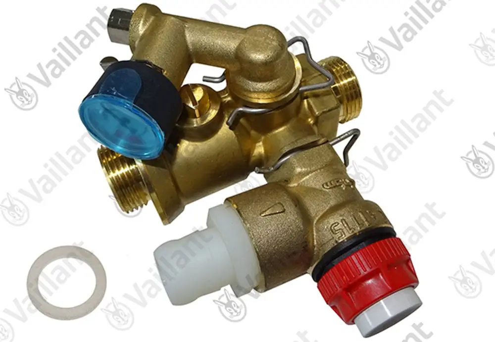 Vaillant Wartungshahn mit Anschlussstück, aus Messing mit verschiedenen Anschlüssen und Dichtungsring, sichtbar im Bild.